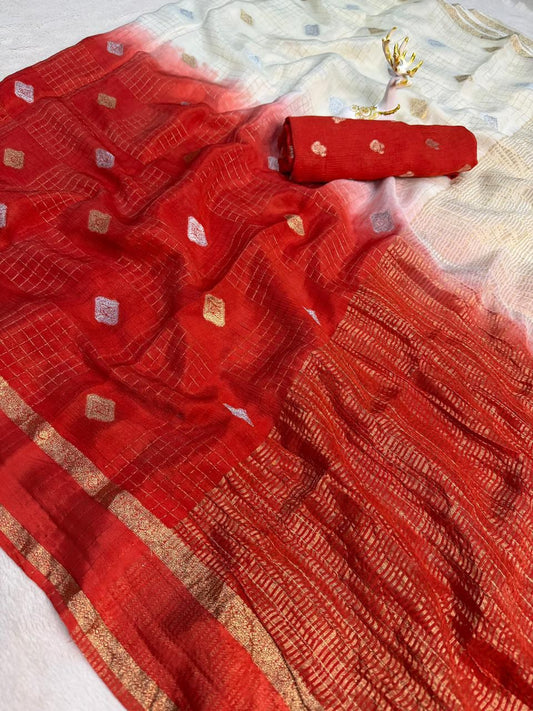 Opulent Beige and Red Pure Zari Weaving Banarasi Silk Saree With Lissome Blouse Piece