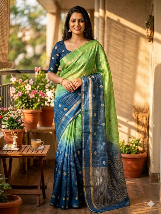Scrupulous Green and Blue Pure Zari Weaving Banarasi Silk Saree With Comely Blouse Piece