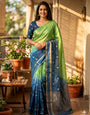 Scrupulous Green and Blue Pure Zari Weaving Banarasi Silk Saree With Comely Blouse Piece