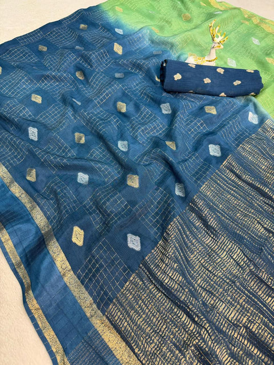 Scrupulous Green and Blue Pure Zari Weaving Banarasi Silk Saree With Comely Blouse Piece