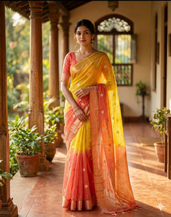 Demesne Yellow and Pink Pure Zari Weaving Banarasi Silk Saree With Panache Blouse Piece