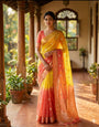 Demesne Yellow and Pink Pure Zari Weaving Banarasi Silk Saree With Panache Blouse Piece