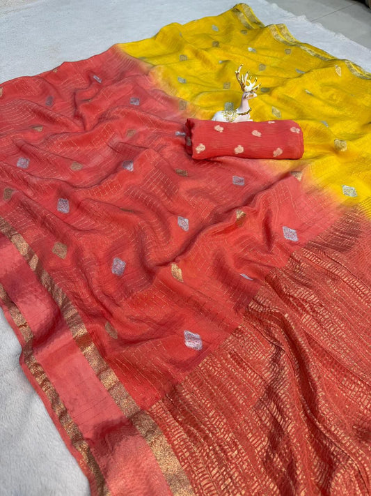 Demesne Yellow and Pink Pure Zari Weaving Banarasi Silk Saree With Panache Blouse Piece