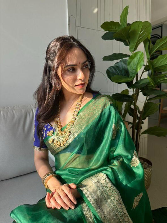 Bewitching Green Soft Silk Saree With Glorious Blouse Piece
