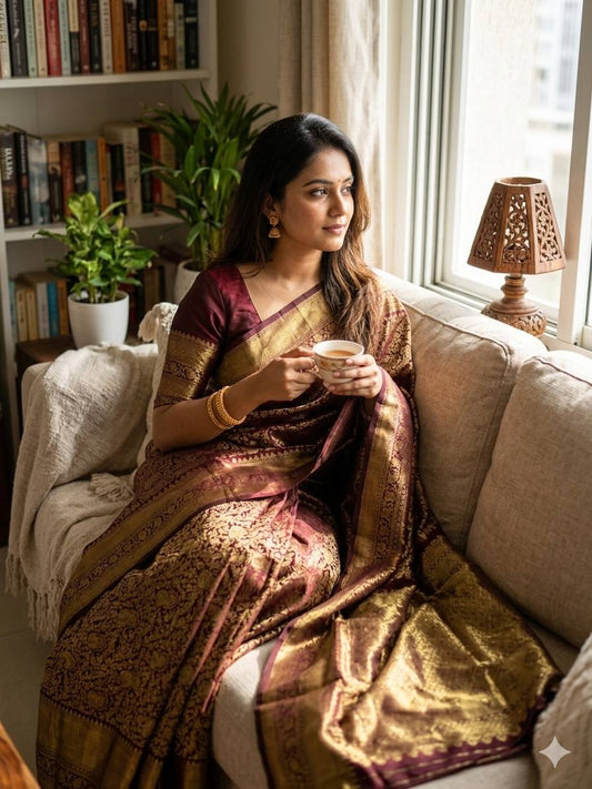 Fantabulous Wine Soft Silk Saree With Staggering Blouse Piece