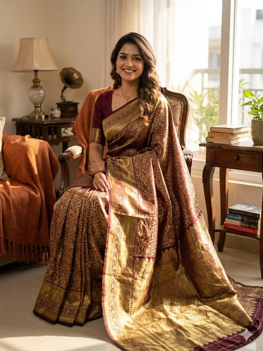 Fantabulous Wine Soft Silk Saree With Staggering Blouse Piece