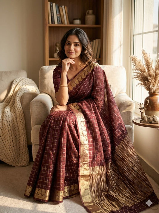 Elision Wine Banarasi Viscose Georgette Silk Saree With Surreptitious Blouse Piece