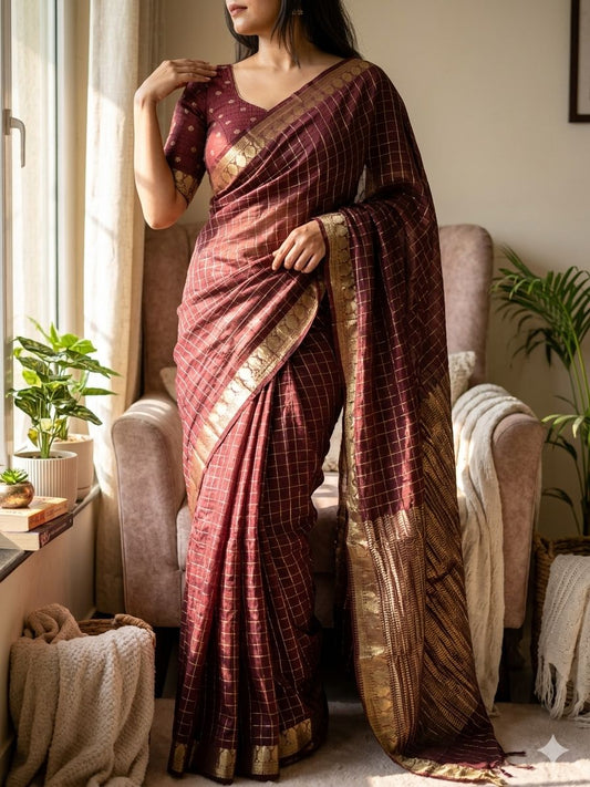 Elision Wine Banarasi Viscose Georgette Silk Saree With Surreptitious Blouse Piece