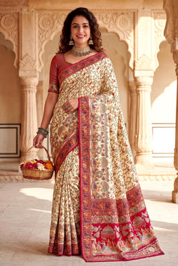 Embrocation Beige Pashmina Silk Saree With Traditional Blouse Piece