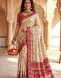 Embrocation Beige Pashmina Silk Saree With Traditional Blouse Piece