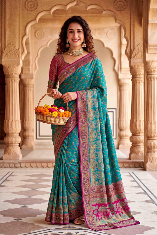 Fugacious Rama Pashmina Silk Saree With Lustrous Blouse Piece