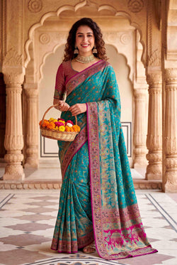 Fugacious Rama Pashmina Silk Saree With Lustrous Blouse Piece