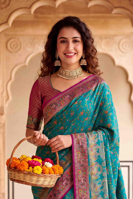 Fugacious Rama Pashmina Silk Saree With Lustrous Blouse Piece