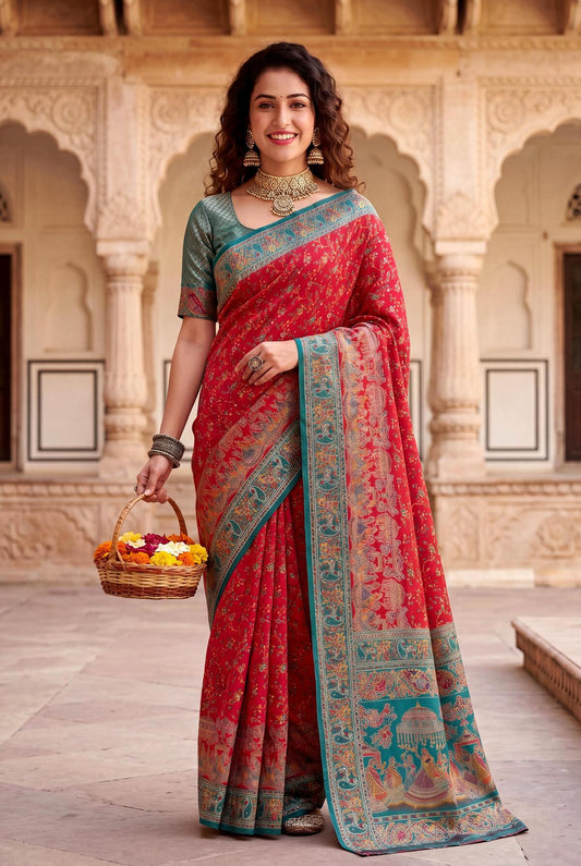 Fancifull Red Pashmina Silk Saree With Wonderful Blouse Piece