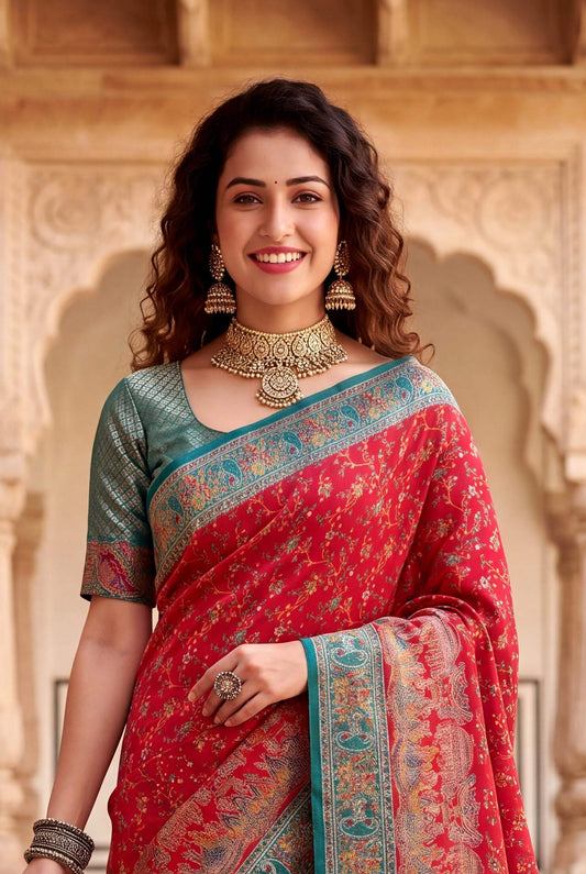 Fancifull Red Pashmina Silk Saree With Wonderful Blouse Piece