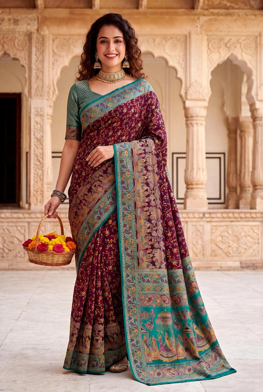 Hypnotic Wine Pashmina Silk Saree With Designer Blouse Piece