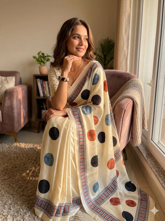 Scintilla Beige Digital Printed Satin Silk Saree With Ephemeral Blouse Piece