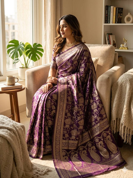 Scintillating Purple Soft Silk Saree With Girlish Blouse Piece