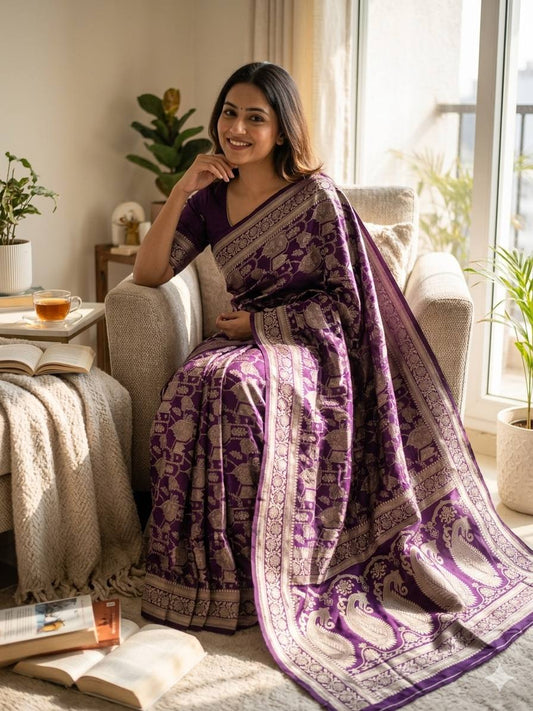 Scintillating Purple Soft Silk Saree With Girlish Blouse Piece