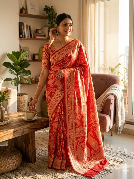 Precious Red Soft Silk Saree With Mesmeric Blouse Piece