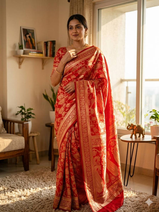 Precious Red Soft Silk Saree With Mesmeric Blouse Piece