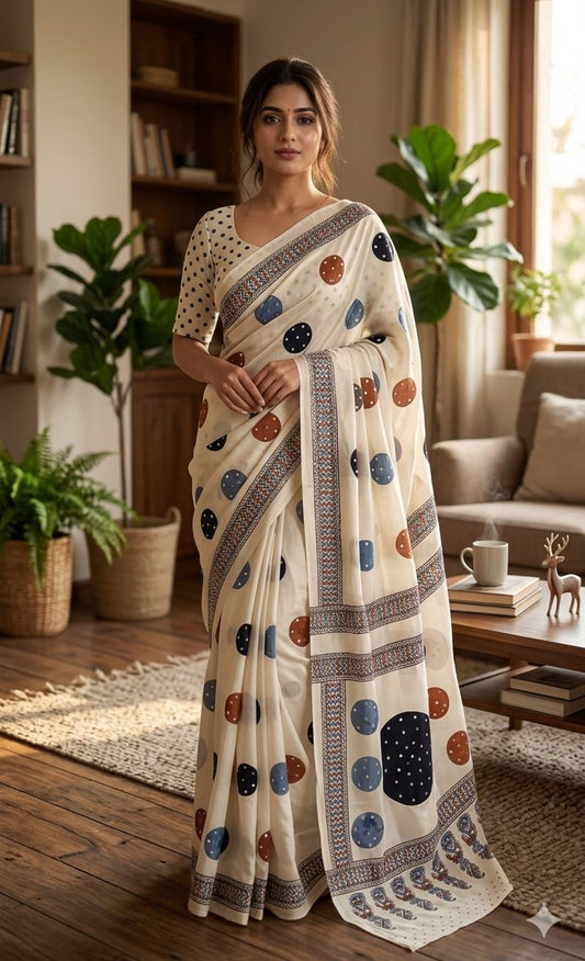 Exceptional Beige Printed Mirror Work Satin Silk Saree With Jubilant Blouse Piece