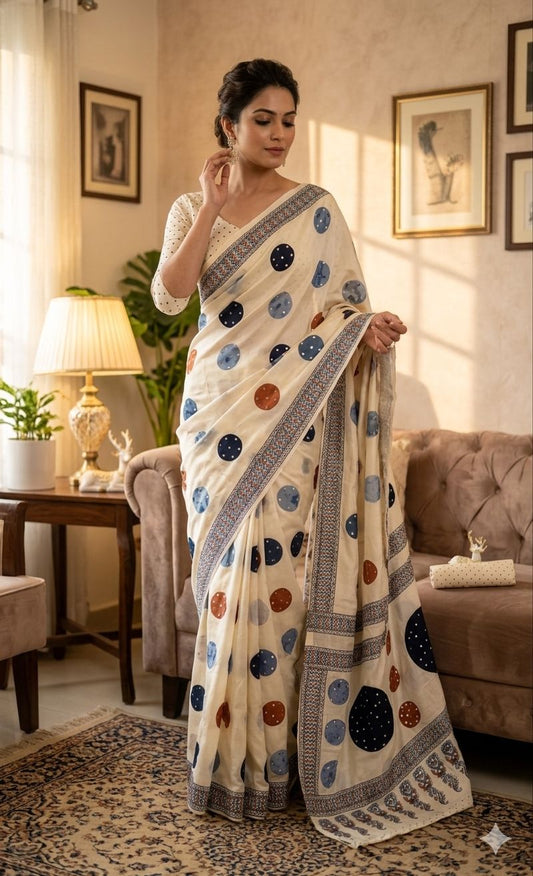 Exceptional Beige Printed Mirror Work Satin Silk Saree With Jubilant Blouse Piece