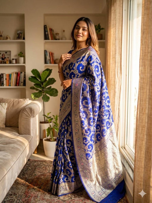 Gleaming Blue Soft Silk Saree With Flattering Blouse Piece