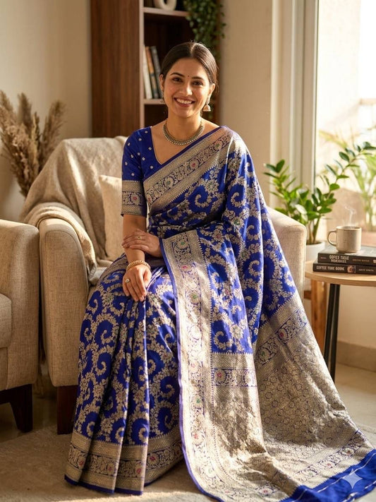 Gleaming Blue Soft Silk Saree With Flattering Blouse Piece