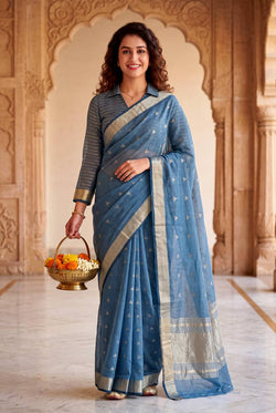 Enchanting Blue Zari Weaving Linen Silk Saree With Fairytale Blouse Piece