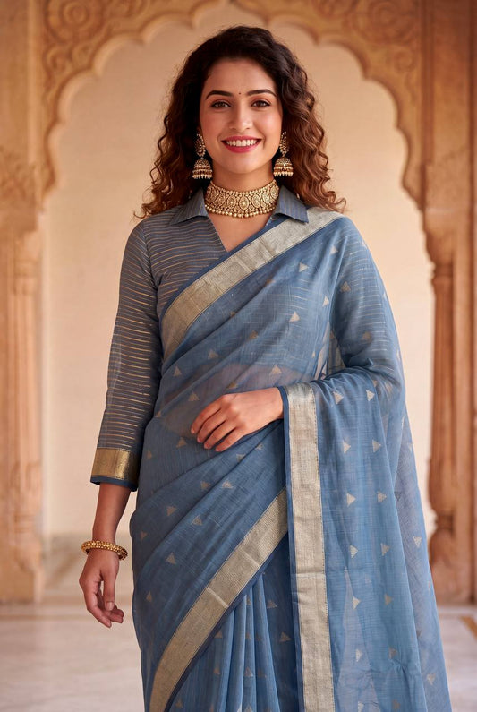 Enchanting Blue Zari Weaving Linen Silk Saree With Fairytale Blouse Piece