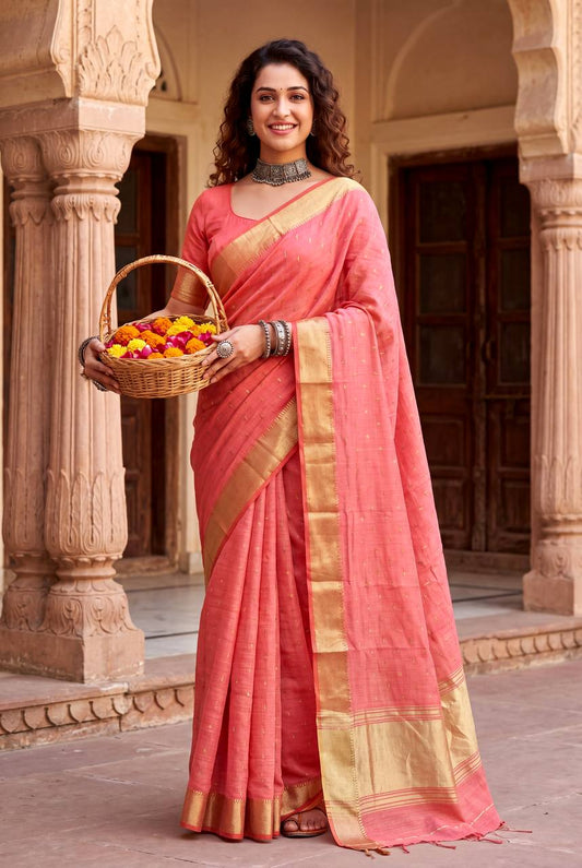 Conflate Peach Zari Weaving Linen Silk Saree With Glowing Blouse Piece