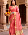 Conflate Peach Zari Weaving Linen Silk Saree With Glowing Blouse Piece