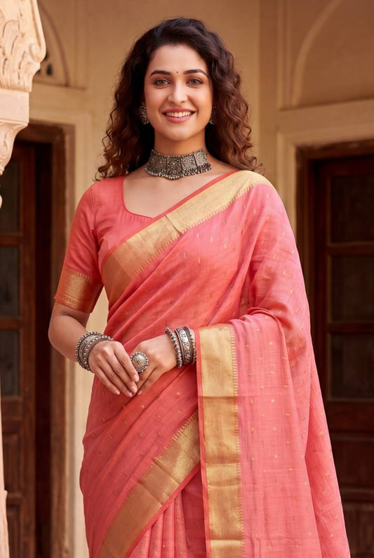 Conflate Peach Zari Weaving Linen Silk Saree With Glowing Blouse Piece