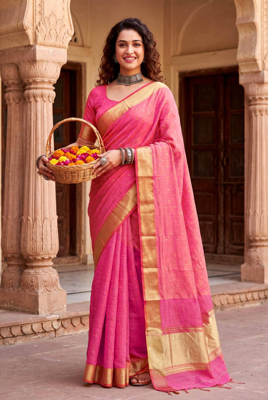 Conflate Pink Zari Weaving Linen Silk Saree With Glowing Blouse Piece