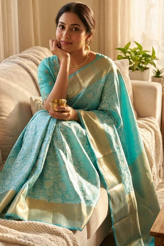 Sizzling Firozi Kanjivaram Tissue Silk Saree With Adorning Blouse Piece