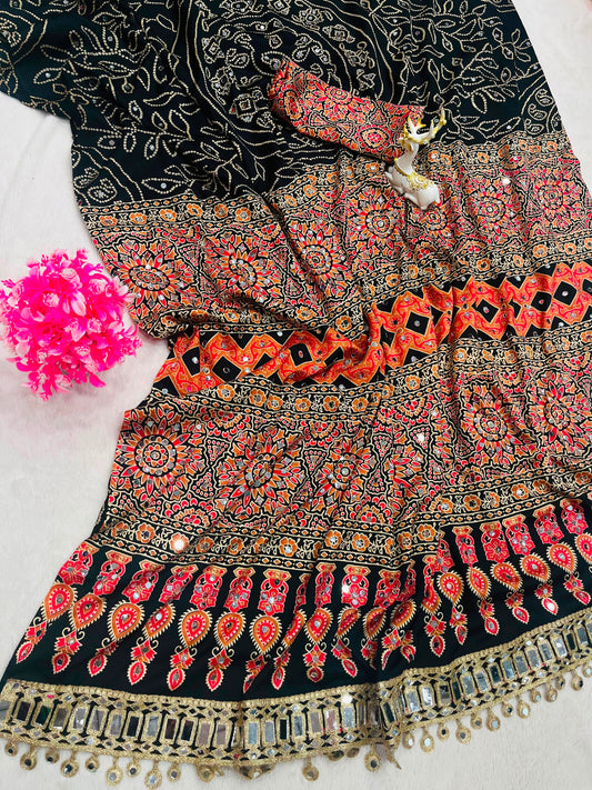 Tremendous Black Ajrakh Printed Mirror Work Satin Silk Saree With Eloquence Blouse Piece