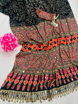 Tremendous Black Ajrakh Printed Mirror Work Satin Silk Saree With Eloquence Blouse Piece