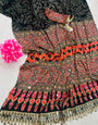Tremendous Black Ajrakh Printed Mirror Work Satin Silk Saree With Eloquence Blouse Piece