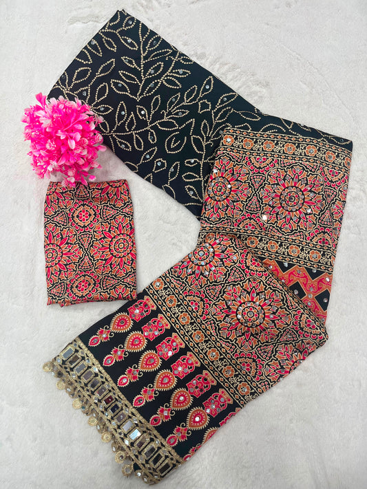 Tremendous Black Ajrakh Printed Mirror Work Satin Silk Saree With Eloquence Blouse Piece