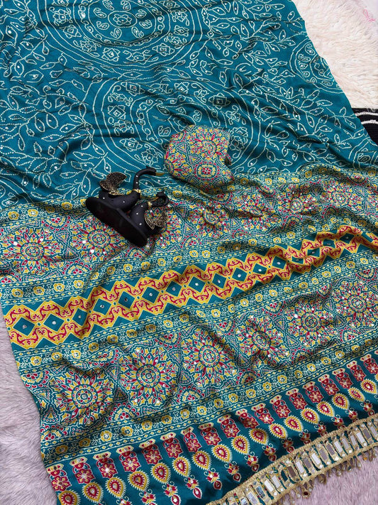Classic Firozi Ajrakh Printed Mirror Work Satin Silk Saree With Energetic Blouse Piece