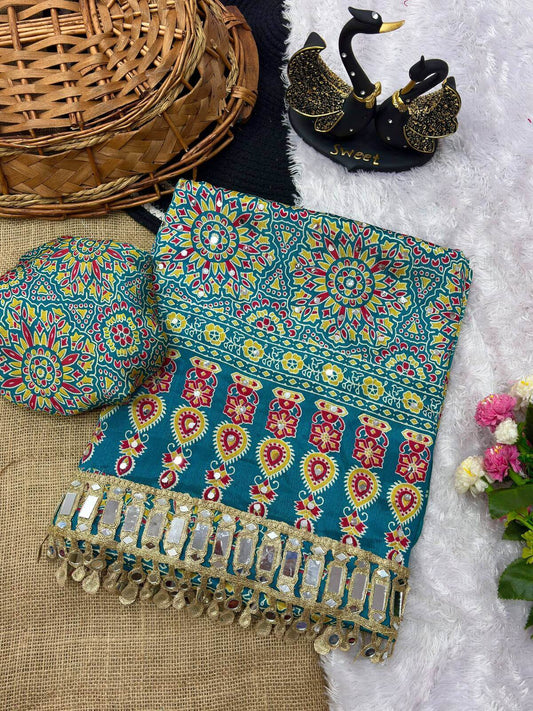 Classic Firozi Ajrakh Printed Mirror Work Satin Silk Saree With Energetic Blouse Piece