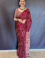 Magnetic Wine Ajrakh Printed Mirror Work Satin Silk Saree With Smashing Blouse Piece