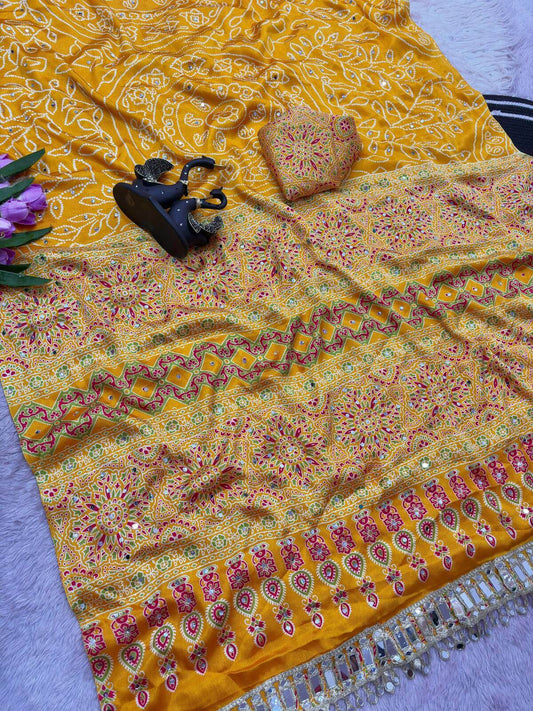 Sumptuous Yellow Ajrakh Printed Mirror Work Satin Silk Saree With Quixotic Blouse Piece