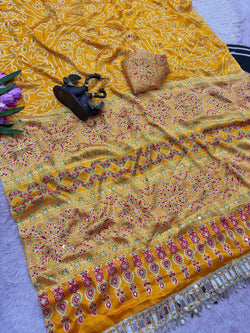 Sumptuous Yellow Ajrakh Printed Mirror Work Satin Silk Saree With Quixotic Blouse Piece