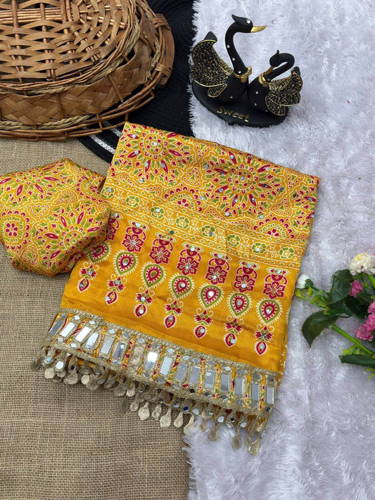 Sumptuous Yellow Ajrakh Printed Mirror Work Satin Silk Saree With Quixotic Blouse Piece