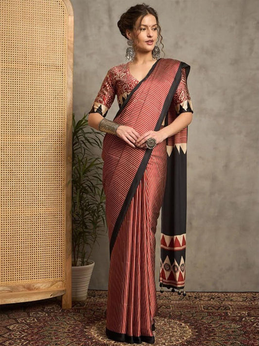 Snappy Pink Ajrakh Printed Satin Silk Saree With Marvellous Blouse Piece