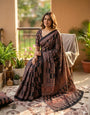 Rhapsody Black Ajrakh Printed Mirror Work Satin Silk Saree With Aplomb Blouse Piece