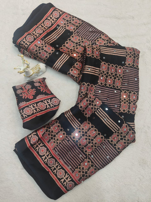 Rhapsody Black Ajrakh Printed Mirror Work Satin Silk Saree With Aplomb Blouse Piece