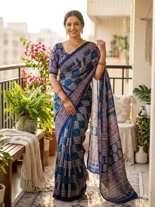 Improbable Blue Ajrakh Printed Mirror Work Satin Silk Saree With Susurrous Blouse Piece
